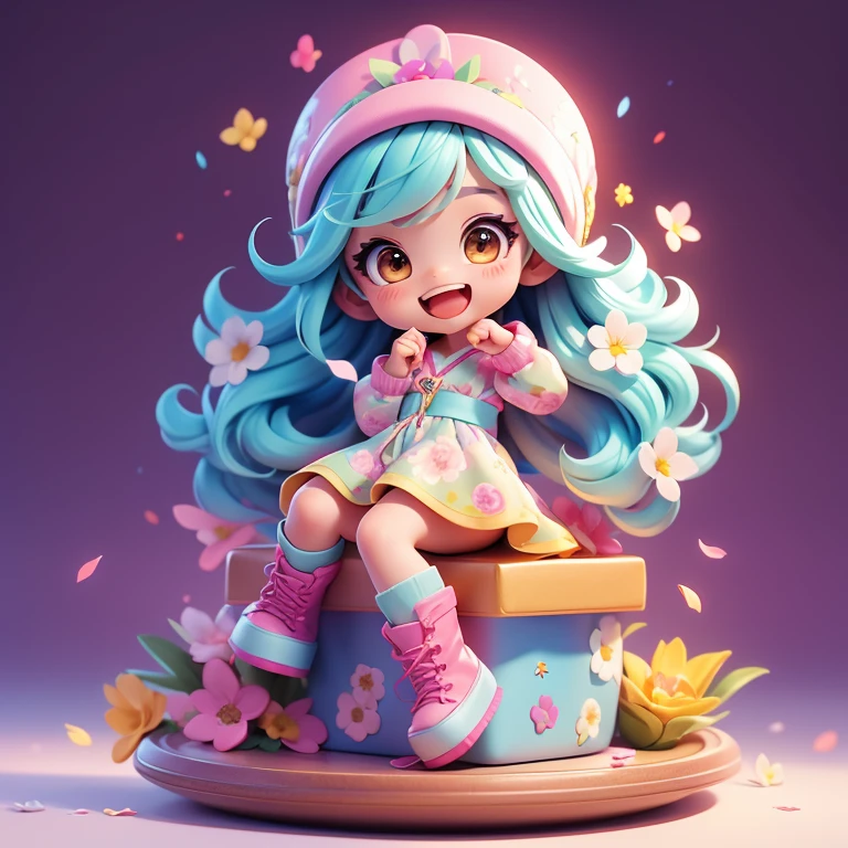 The background is in the room,sitting at desk,cute girl,Long rainbow-colored hair,boots,open mouth,Nice smile,kawaii moves,Fingers to heart,Floral Dress,spring,petal,magic,There are various toys on the floor,boot,gift,Small animals