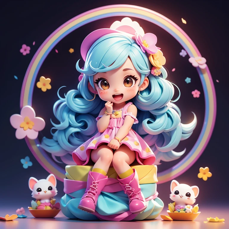 The background is in the room，sitting at desk，cute girl，Long rainbow-colored hair，boots，open mouth，Nice smile，kawaii moves，Fingers to heart，Floral Dress，spring，petal，magic，There are various toys on the floor，boot，gift，Small animals