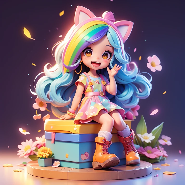 The background is in the room，sitting at desk，cute girl，Long rainbow-colored hair，boots，open mouth，Nice smile，kawaii moves，Fingers to heart，Floral Dress，spring，petal，magic，There are various toys on the floor，boot，gift，Small animals