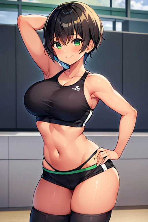 1girl, tan skin, tan-skinned female, sports bra, sportswear, large breasts, thick thighs, black sportswear, bare legs, smile, black hair, very short hair, green eyes, pixie cut, short pants, bandage