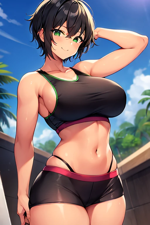 1girl, tan skin, tan-skinned female, sports bra, sportswear, large breasts, thick thighs, black sportswear, bare legs, smile, black hair, very short hair, green eyes, pixie cut, short pants, bandage