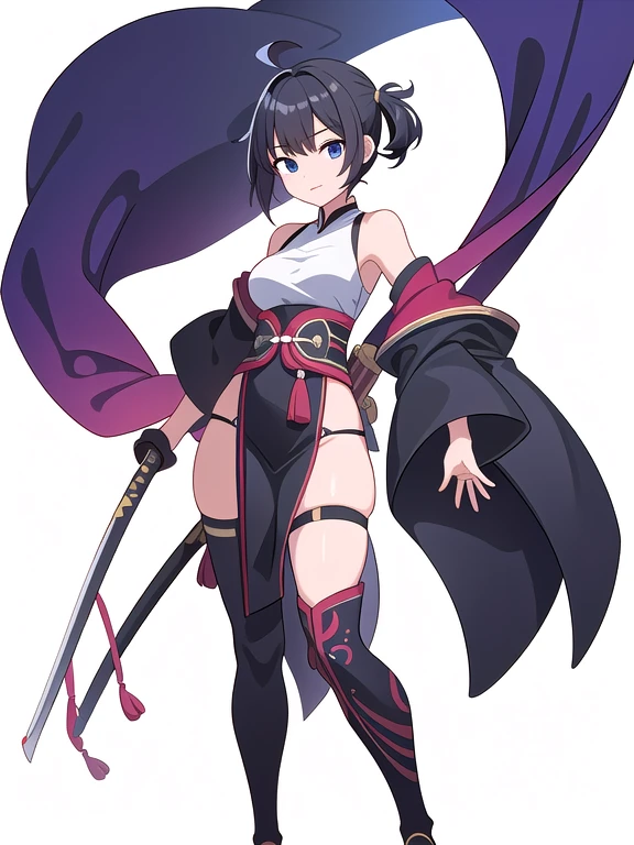 (((Best Quality))) , ((full body)), female, solo, (white background), bare shoulders, sleeve, thigh high, katana,