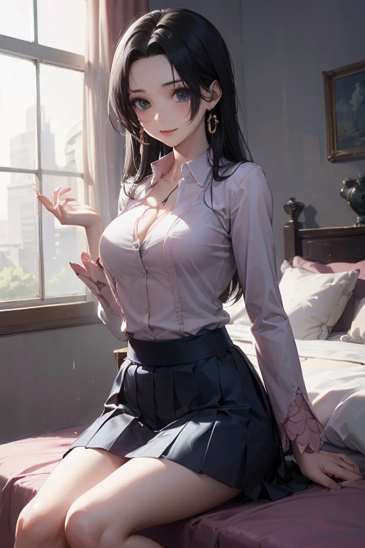 masterpiece, best quality, absurd, Perfect anatomical structure, Unity 8k Wallpaper,best anime,Cowboy shooting,20-year-old beauty、Boya Hancock,Black Hair,long hair,Center parted bangs,slim body,((Large Breasts)))Breast sagging、Low-cut(((Cleavage )))、(((Wide hips,)))(((Hourglass figure)))((Long legs)),a smile,Shy look、Turn your body towards the audience,sit,、White long-sleeved shirt、Collared shirt、Dark blue pleated mini skirt、simple bed、simple bedroom、