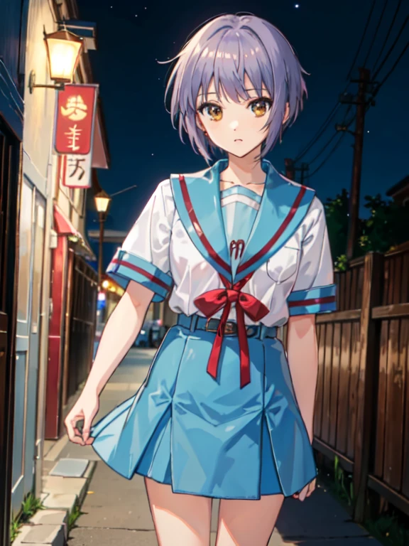 (masterpiece),(best quality), yuki, summer uniform, white shirt, blue skirt, kneehighs, loafers, short sleeves, serafuku, close, poker-faced, inexpressive face, medieval street, medieval town, old japanese town, (night:1.2), lamps, people, best quality,