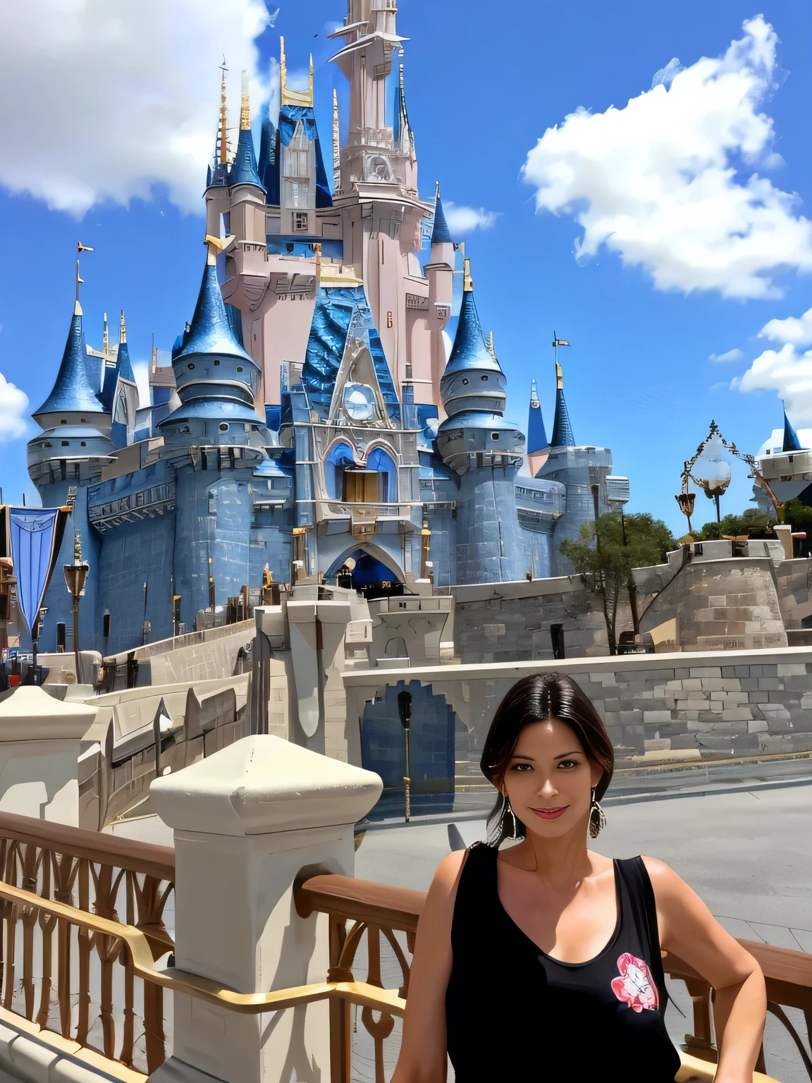 Woman in front of a castle in Disney World's Magic Kingdom, with a blue sky in the background, castle in the background, with a castle in the background, castle in the background, magical kingdom, (castle in the background), the background is the Disneyland castle , Disney world, standing near a castle, Walt Disney World.

A beautiful woman, with white skin and dark brown hair. She is about 45 years old, 165 cm tall and weighs 56 kg. She had modeled legs, perfect legs, toned legs, perfect mouth, medium breasts, perfect face. Her body exudes glamor and her face is a definition of beauty. Slender body, thin waist. Highly realistic, hyperrealism, very elaborate skin. Clear photo, high resolution, high quality, masterpiece, 16K photo, high contrast, masterpiece, NUDE, NUDITY, NFSW.