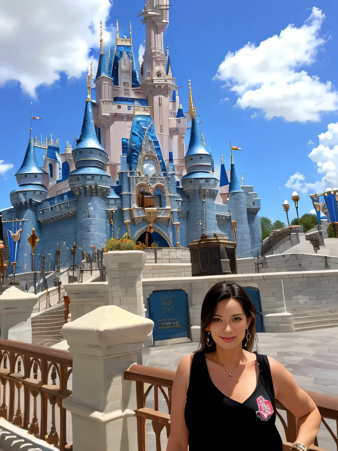 Woman in front of a castle in Disney World's Magic Kingdom, with a blue sky in the background, castle in the background, with a castle in the background, castle in the background, magical kingdom, (castle in the background), the background is the Disneyland castle , Disney world, standing near a castle, Walt Disney World.
A beautiful woman, with white skin and dark brown hair. She is about 45 years old, 165 cm tall and weighs 56 kg. She had modeled legs, perfect legs, toned legs, perfect mouth, medium breasts, perfect face. Her body exudes glamor and her face is a definition of beauty. Slender body, thin waist. Highly realistic, hyperrealism, very elaborate skin. Clear photo, high resolution, high quality, masterpiece, 16K photo, high contrast, masterpiece, NUDE, NUDITY, NFSW.