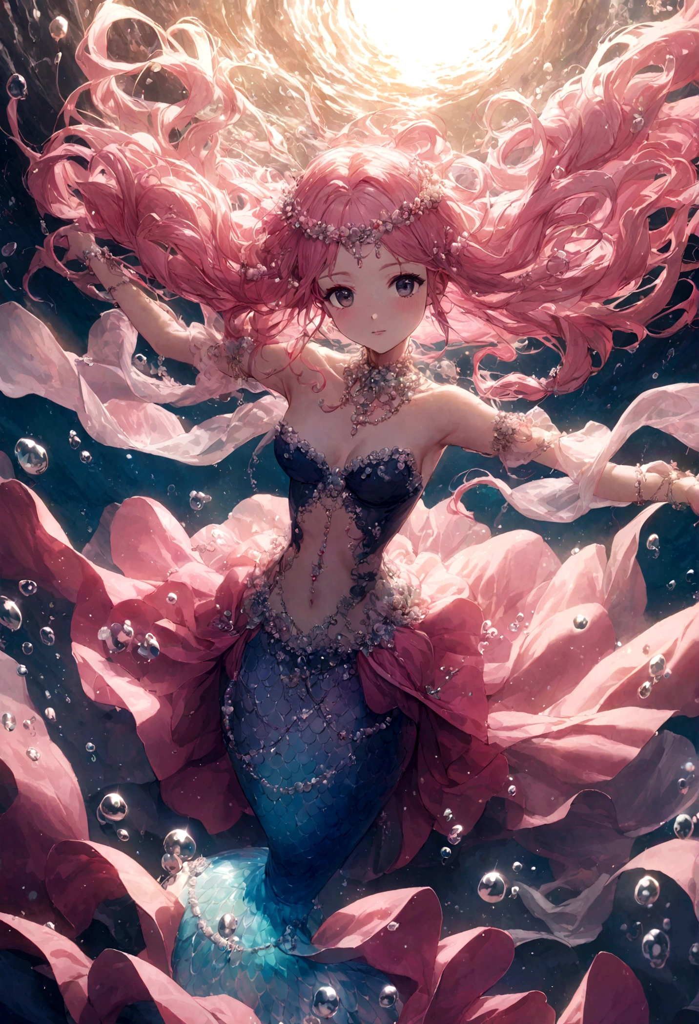 A mermaid dancing gracefully in the depths of the ocean, pink hair, pink strands of hair, Surrounded by sparkling pearls, pink hair, big hair, sun crown on her head,
