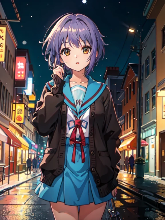 masterpiece, best quality, high resolution, cowboy shot, anime coloring, ,NIGHT, pavement, snowing, snow,utility pole, (Pavement and Snowscape:1.2) kyoani haruhi style, cinematic, ,kyoani haruhi style, 1girl, solo, yuki nagato, kita high , short hair, , blue sailor collar, sailor collar, serafuku, cardigan, purple hair, bangs, brown eyes, anime coloring, small , ((masterpiece)), looking at viewer,