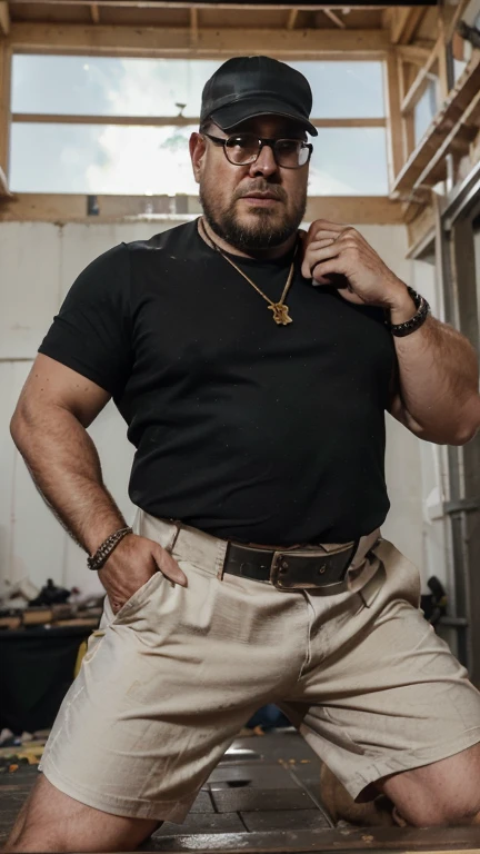 1 chubby man with , gesturing with hands, conversando com o expectador, ((he is a construction worker he is working in construction)). fotografia de Corpo completo imagem de corpo inteiro , ele trabalha de encanador, ele trabalha de pedreiro, ele trabalha de eletricista, he works as a metalworker. He has a cap, he has a hat, He wears prescription glasses, he wears sunglasses, ele tem barba curta, ele tem barba enorme, he is stroking his crotch looking at the viewer. Ele tem 64 anos, idoso, cabelo grisalho, barba grisalho. He wears a digital watch on his wrist, He wears several Nordic bracelets on his wrist., he wears a gold chain around his neck. Ele usa pulseiras de prata no pulso. Corpo de homem urso papai americano, he is taking off his shorts he is taking off his underwear with his hands for the viewer to see.