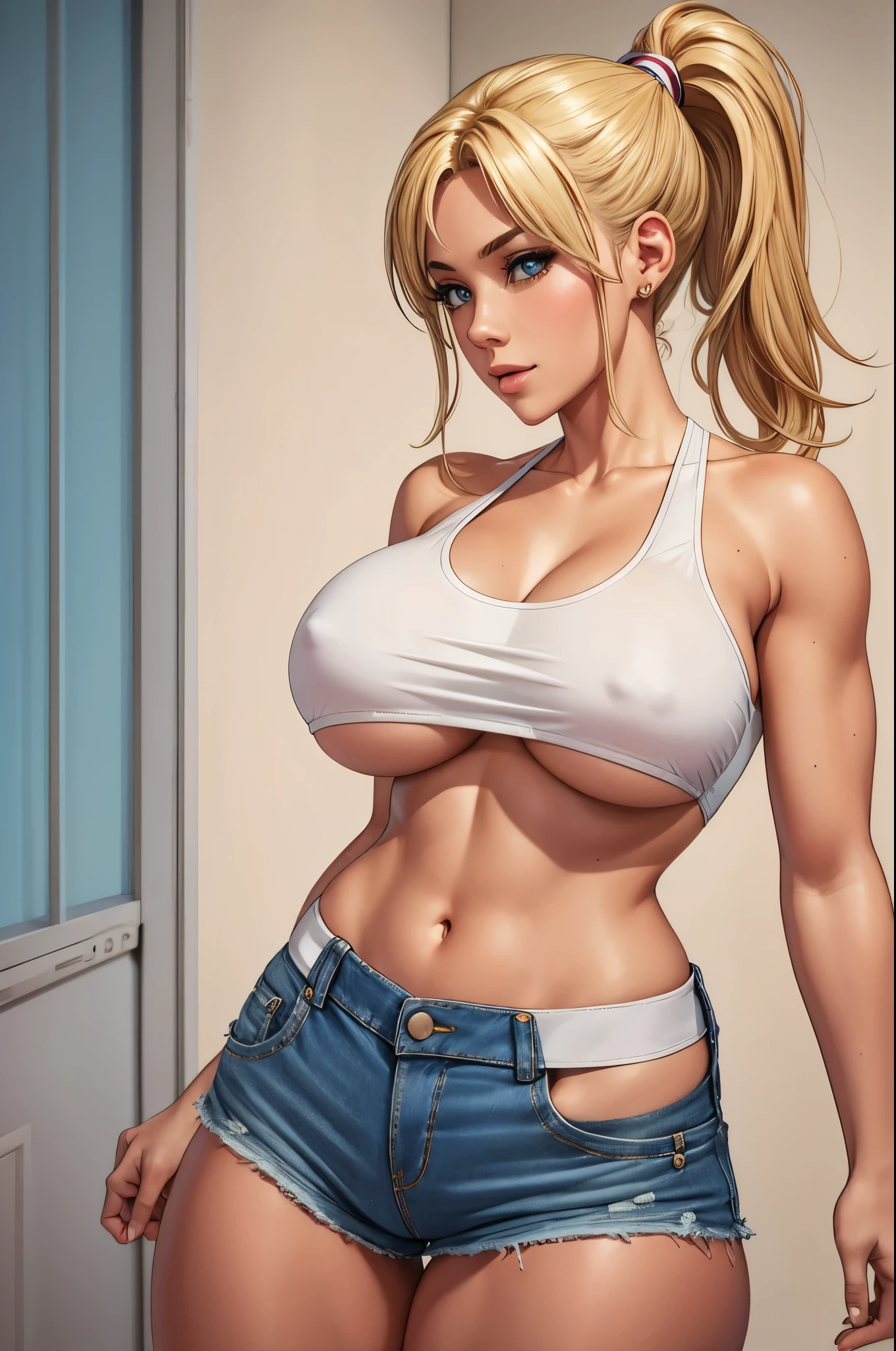 athletic woman, white crop top, underboob, denim shorts, blonde ponytail,