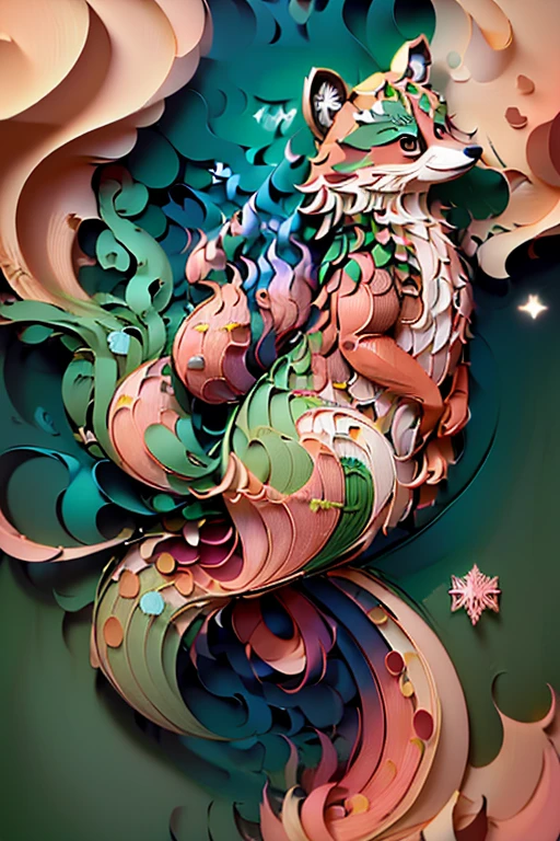 ((((masterpiece))), super high quality, An illustration, Beautiful details shine, raccoon dog, wearing green clothing,Integrating 3D paper sculpture and paper art creation, Uses 3D stereoscopic rendering technology, Facing forward,Light pink background