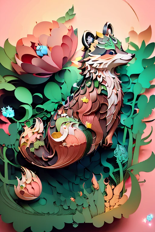 ((((masterpiece))), super high quality, An illustration, Beautiful details shine, raccoon dog, wearing green clothing,Integrating 3D paper sculpture and paper art creation, Uses 3D stereoscopic rendering technology, Facing forward,Light pink background