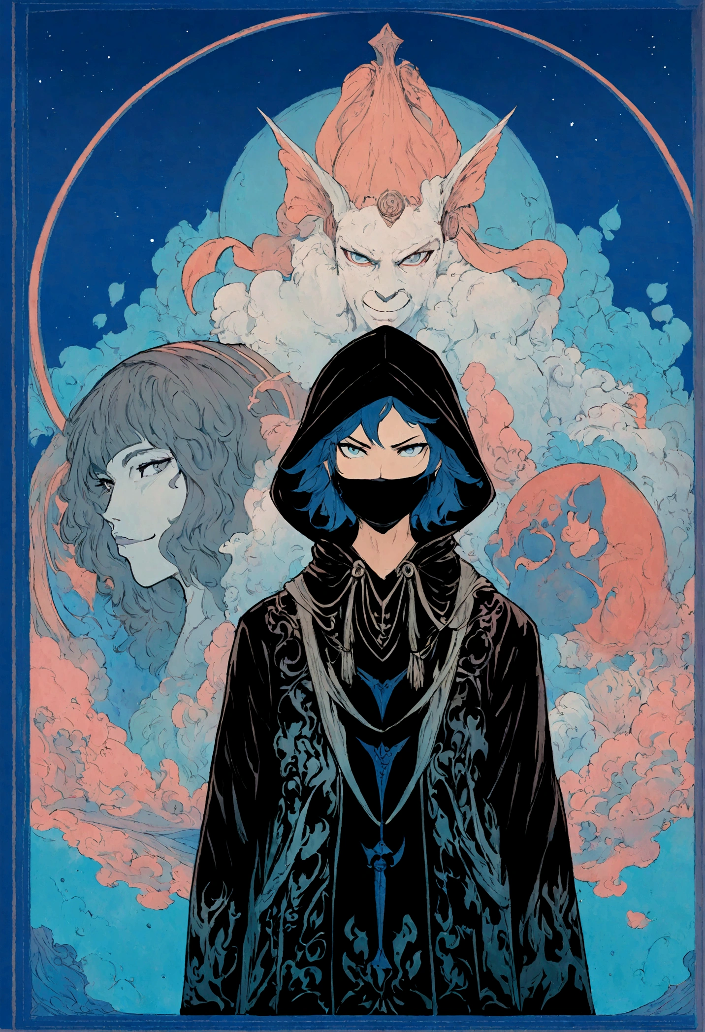 Poster of a hooded man with a sword and a blue background, Official poster, Fate fanart, arte do fate, Petros Afshar Speedart, festival emptiness!, fate, official art, advertising poster, official art altamente detalhada, ⃣ → main dark spectrum, Trade, blue battlefield theme, Vast space, rogue thief girl, (smirk:1.1), short hair, black hood, light armor, big grey eyes, beautiful detailed eyes, face mask, drawn by Greg Rutkowski, Yoji Shinkawa:0.6