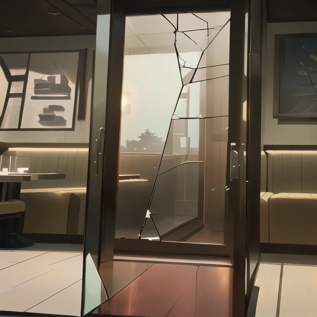 there is a broken glass door in a restaurant with a table and chairs, makoto shinkai. octane render, octane render. by makoto shinkai, makoto shinkai. —h 2160, ( ( makoto shinkai ) ), in style of makoto shinkai, makoto shinkai. high detail, style of makoto shinkai