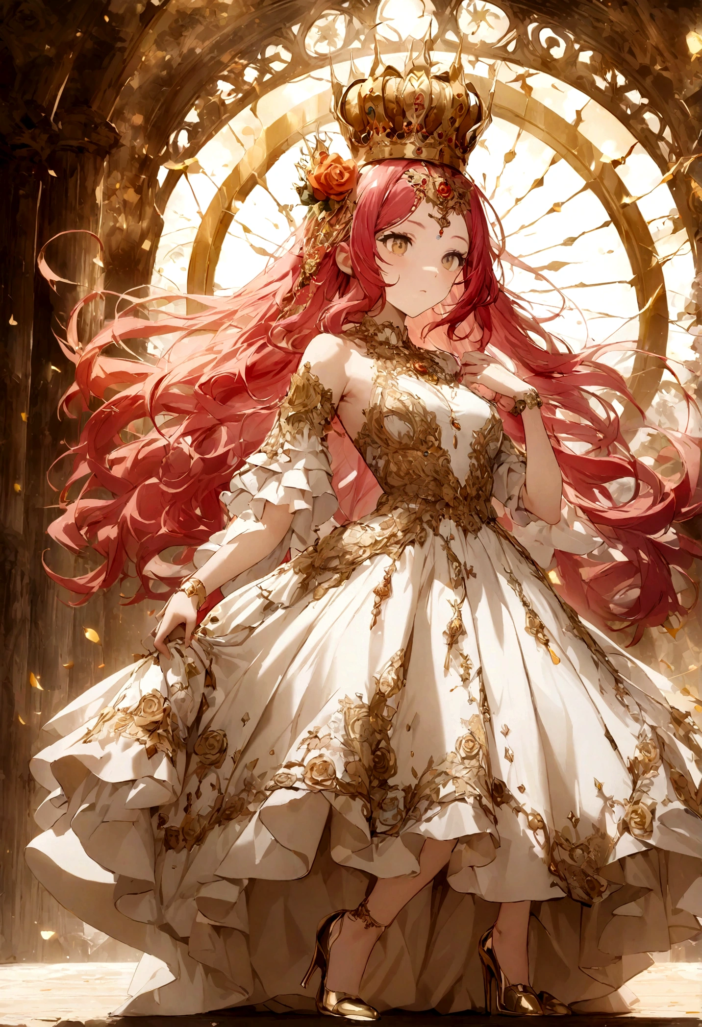 White dress with gold high heels, long rose hair, rose hair, crown with sun symbol on the head, high definition image, great quality, ultra
