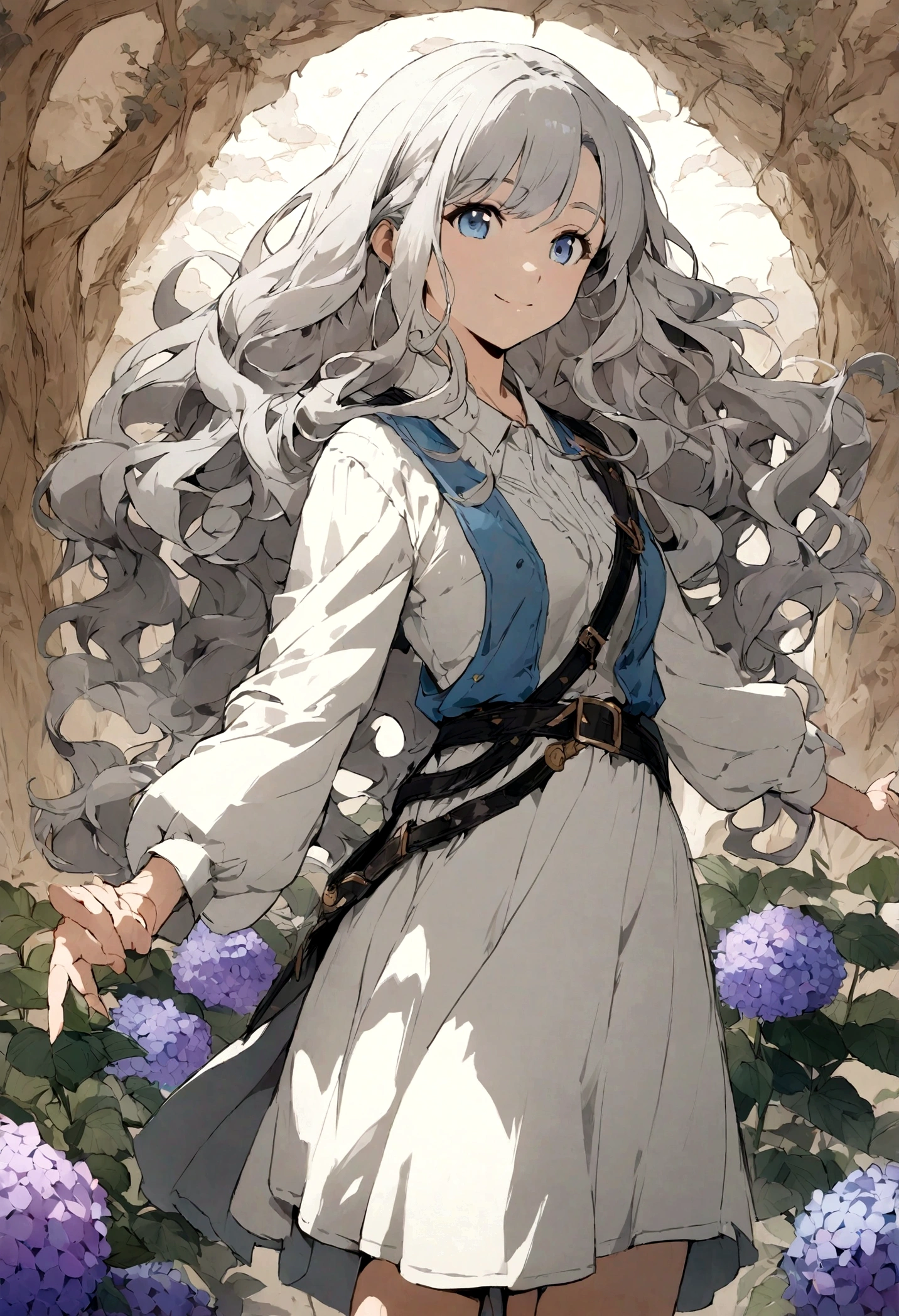 High resolution, (Anime Style:1.1),), ((最high quality)), (Super detailed), (beautiful), solo, beautiful face、cute,(masterpiece、最high quality、high quality)、One Girl、Girl with hydrangea in bloom、The tips of the hair are blue、Gray Hair、Long Hair、Wavy Hair、Short dress、Wind、Standing posture、An illustration、Looks energetic、Open hands、Relaxed pose、西洋Windファンアート，Rich in details, Extremely detailed character design, beautiful全身コンセプトアート, Fantasy、barefoot、profile、belt、string、smile、Chalk painting
