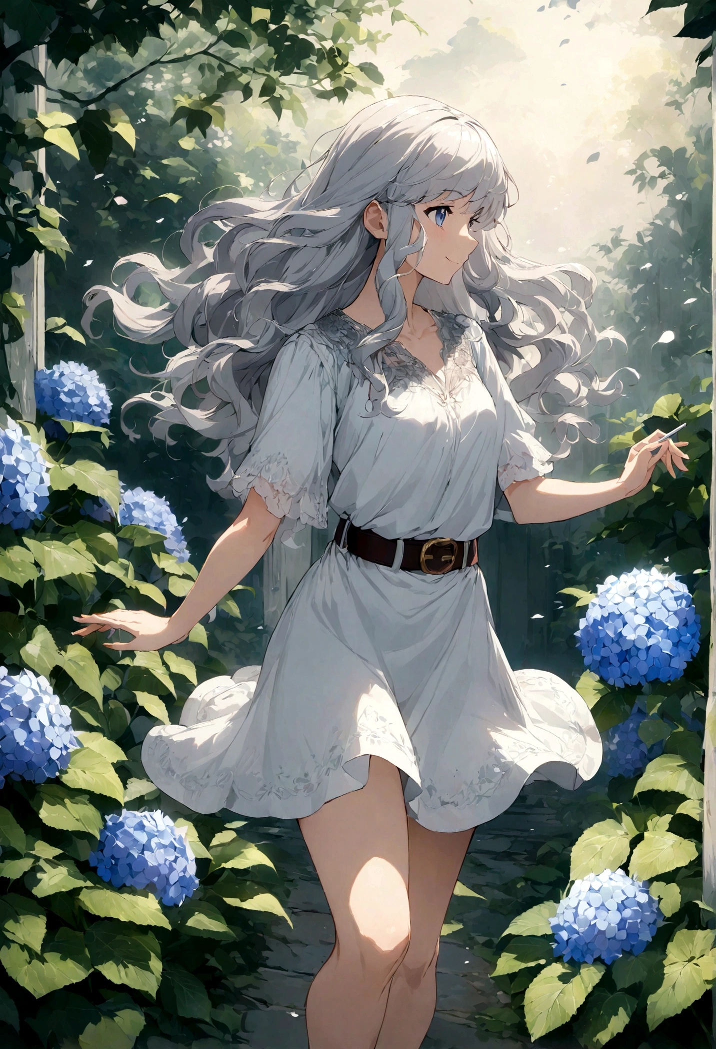 High resolution, (Anime Style:1.1),), ((最high quality)), (Super detailed), (beautiful), solo, beautiful face、cute,(masterpiece、最high quality、high quality)、One Girl、Girl with hydrangea in bloom、The tips of the hair are blue、Gray Hair、Long Hair、Wavy Hair、Short dress、Wind、Standing posture、An illustration、Looks energetic、Open hands、Relaxed pose、西洋Windファンアート,Rich in details, Extremely detailed character design, beautiful全身コンセプトアート, Fantasy、barefoot、profile、belt、string、smile、Chalk painting