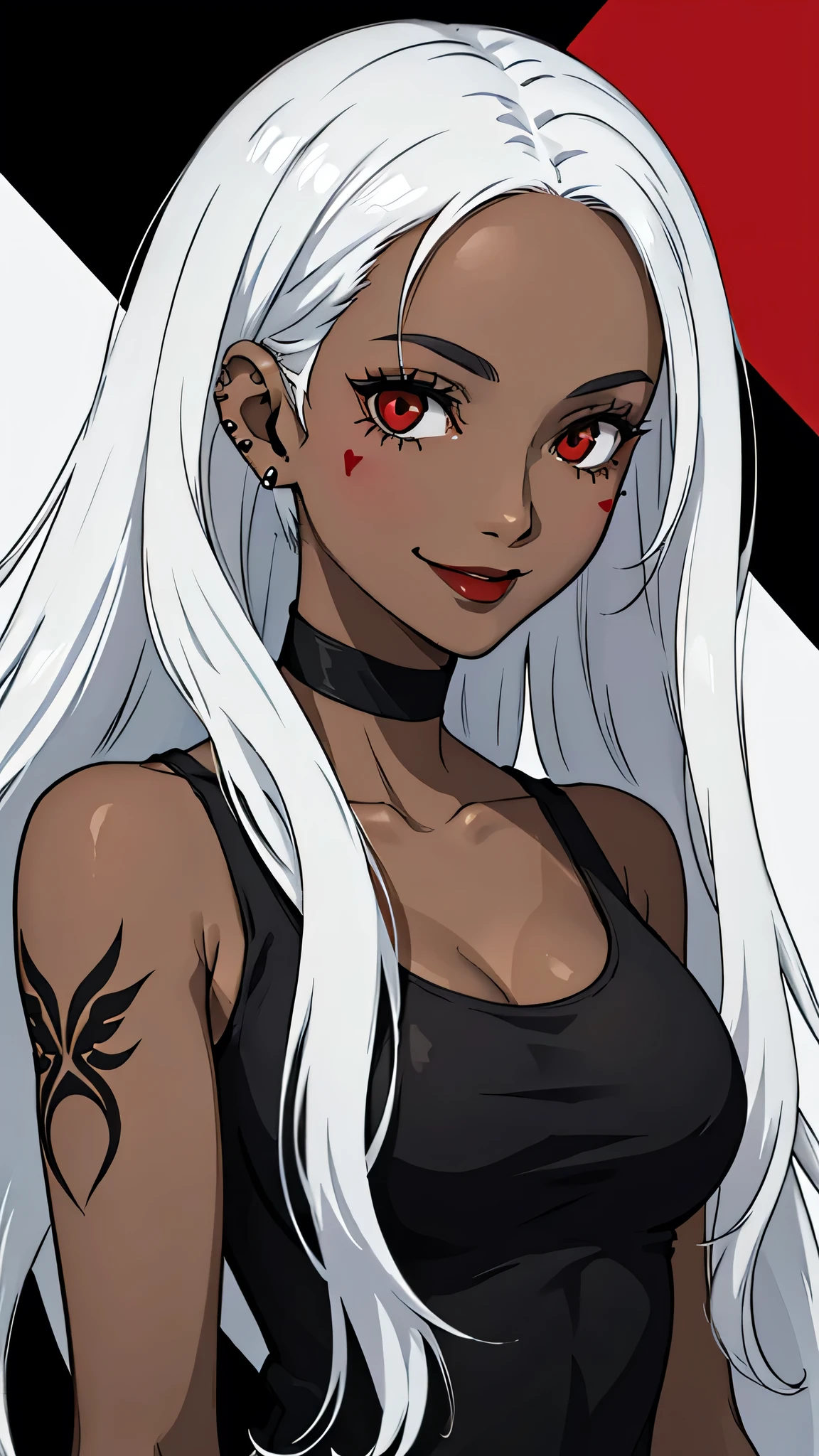 1 girl, red eyes, long hair, forehead, black choker, black lipstick, portrait, smile, black lipstick, era piercings, white hair, white hair, white hair, tank top, dark skin tan, body tattoos