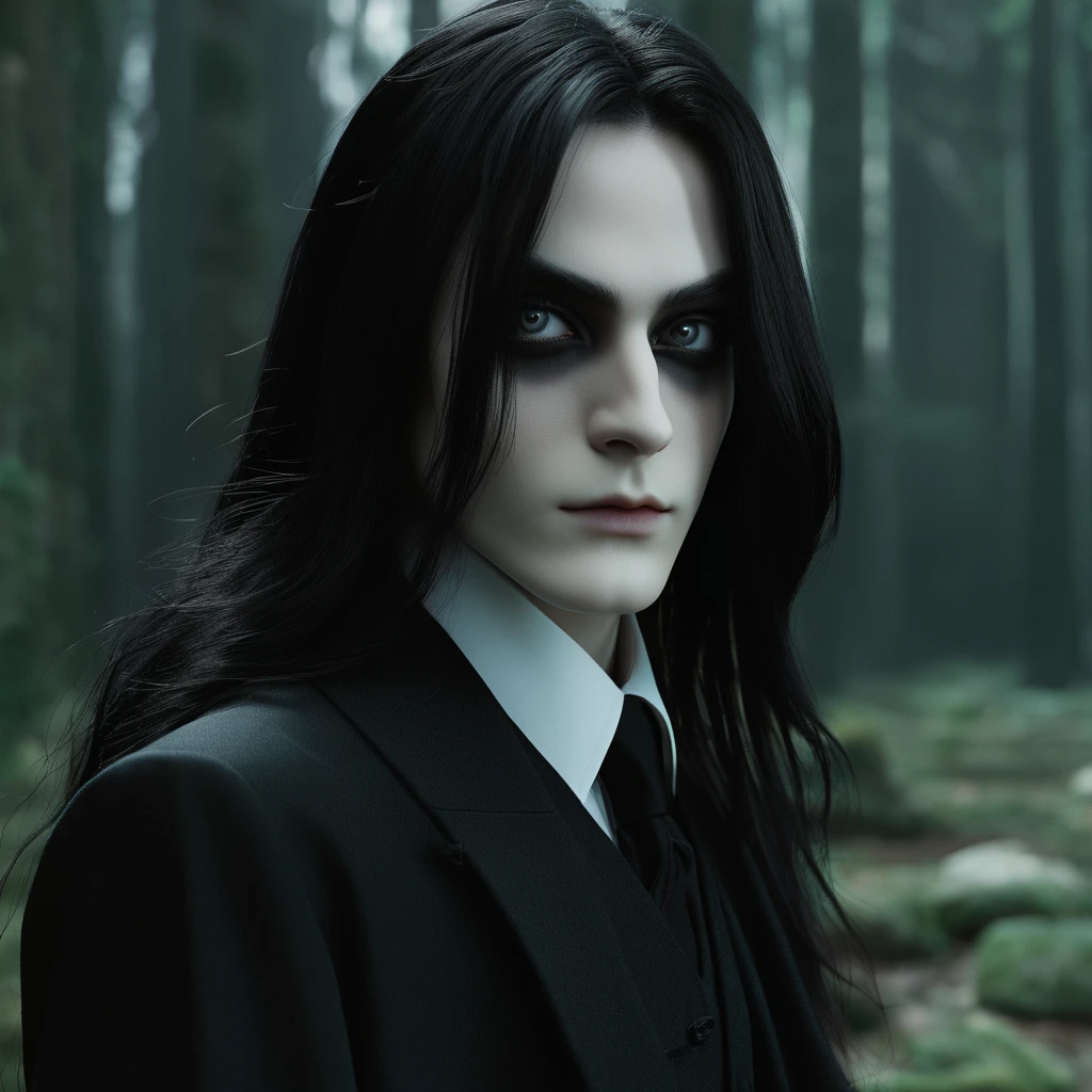 Young Severus Snape, portrait, (((onyx-black-eyes))), very-long-hair, black greasy hair, white skin, pale complexion, elegant-delicate-features, (((hooked nose))), Distinguished, Classic, Aesthetic, Sophisticated, Flawless, Intricate