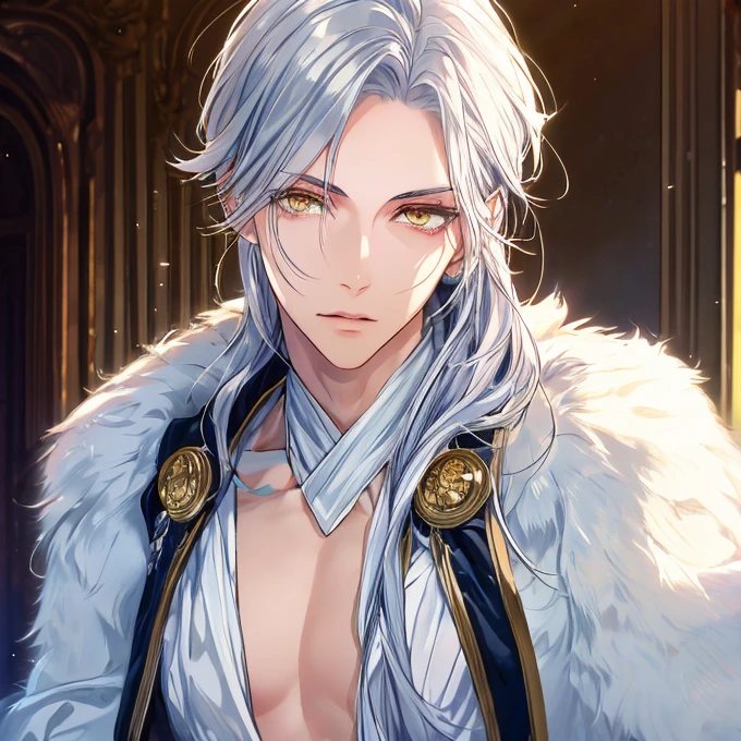 (masterpiece, 8k, Absurd, Digital Art, Digital Illustration, Realistic, Very detailed, Realistic lighting), (Perfect Face, Perfect Eyes, Perfect body), male,1 person, fox,male的な, Adult,good looking, Sharp features,good looking, alone, male1名, Long silver hair,Sharp eyes, Golden Eyes, White clothes, Fantasy, Calm expression,
