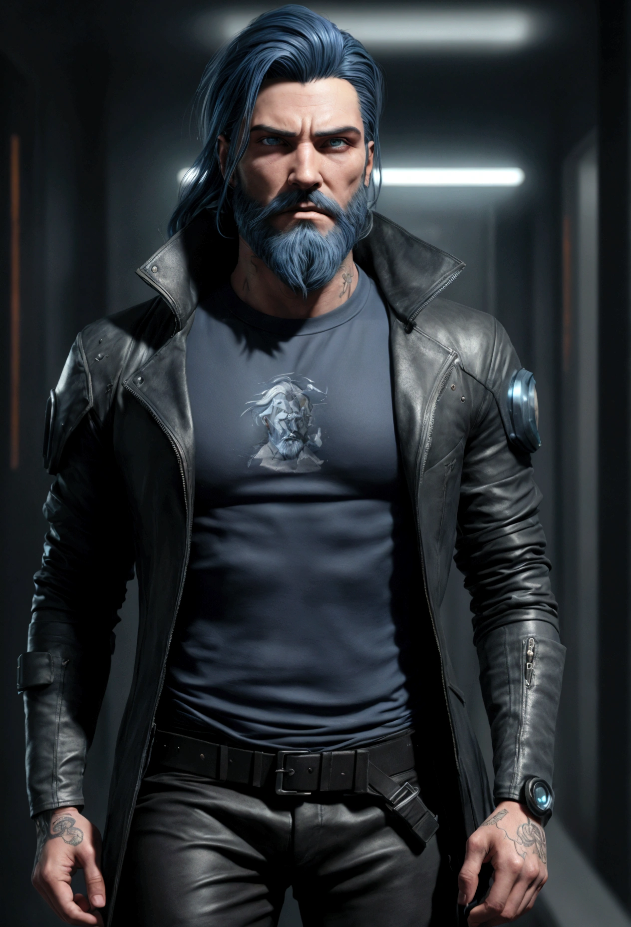 (Cyberpunk man in stylish clothes), (with a long, full beard,) (blue eyes) (portrait) Handsome and serious appearance, dark blue hair, Stylish and elegant, and strong body t-shirt, (Realistic and high quality), ((Best quality, 8k, master piece).