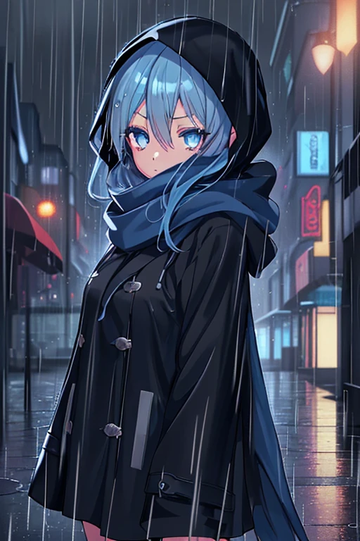 anime, girl, solo, city, rain, night, winter, blue hair, dark blue eyes, beatiful eyes, 4k, HD, hood, black, scarf,
