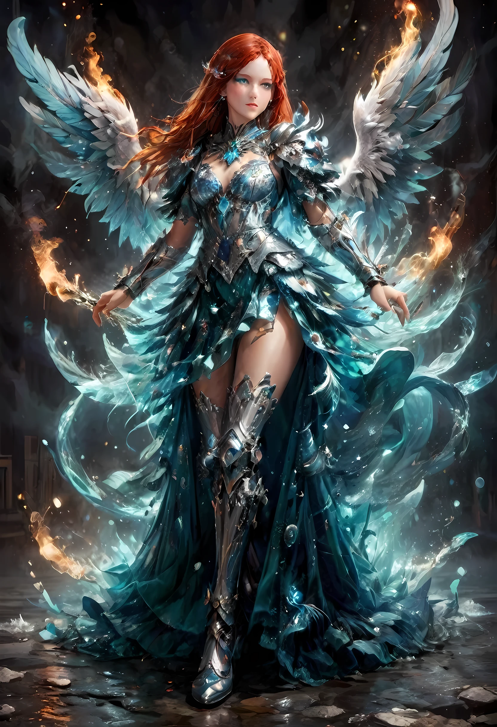 16k, ultra detailed, masterpiece, best quality, (extremely detailed), arafed, dnd art, panoramic view, full body, aasimar, female, (Masterpieceת intense details:1.3), female, sorceress, casting flaming spell(Masterpieceת intense details:1.3) large feathered wings,(azure: 1.3) angelic wings spread (Masterpieceת intense details:1.3), fantasy magical heaven background (Masterpieceת intense details:1.3), moon, stars, clouds, wearing white armor (Masterpieceת intense details:1.3), high heeled boots (Masterpieceת intense details:1.3), armed with staff, (red hair: 1.4), (green eyes: 1.4), intense eyes, ultra feminine, ultra detailed face, (Masterpieceת intense details:1.5), (anatomically correct: 1.5), determined face, divine light, cinematic lighting, soft light, silhouette, photorealism, panoramic view ((Masterpieceת intense details:1.3) , Wide-Angle, Ultra-Wide Angle, 16k, highres, best quality, faize, 3D rendering, evening dress