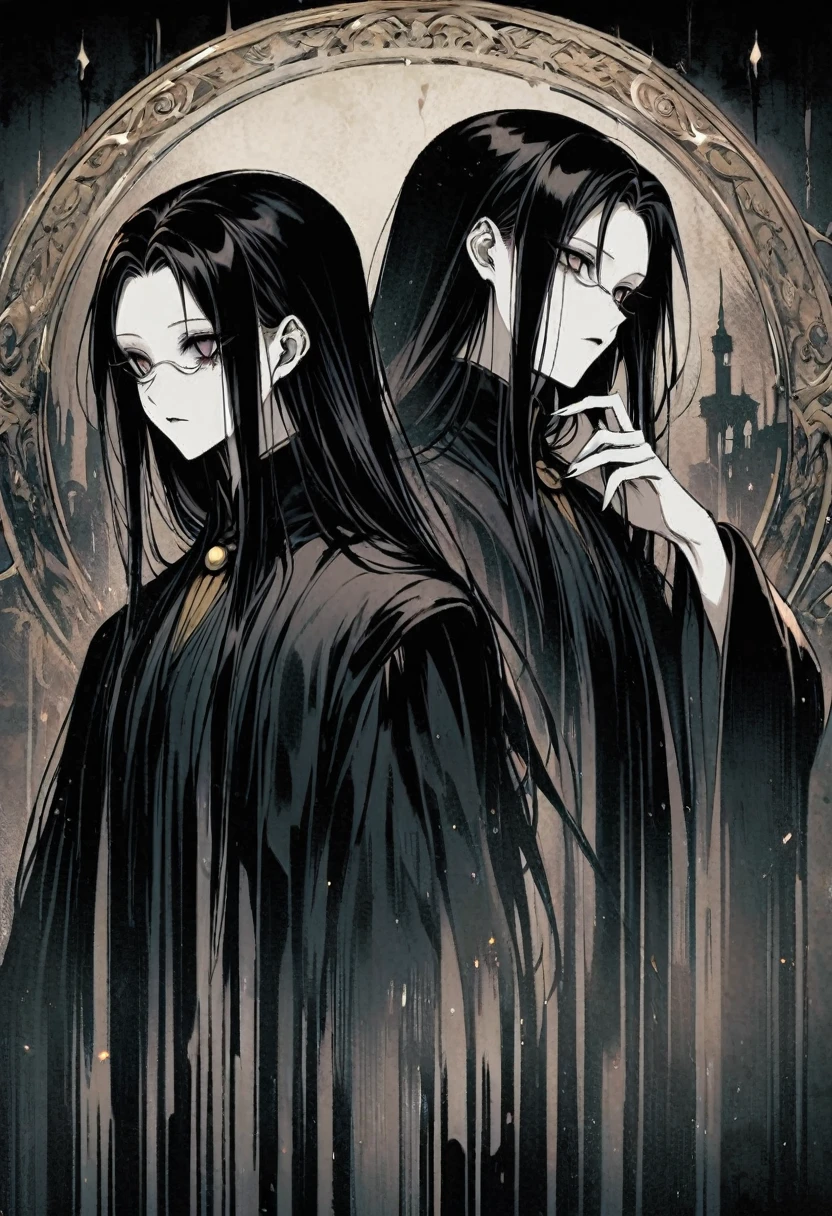 Severus-Snape, gloomy-eyes, hooked-nose, (long-straight-hair, dark-hair, hair-framing-his-face) white-and-pale-skin, elegant-features