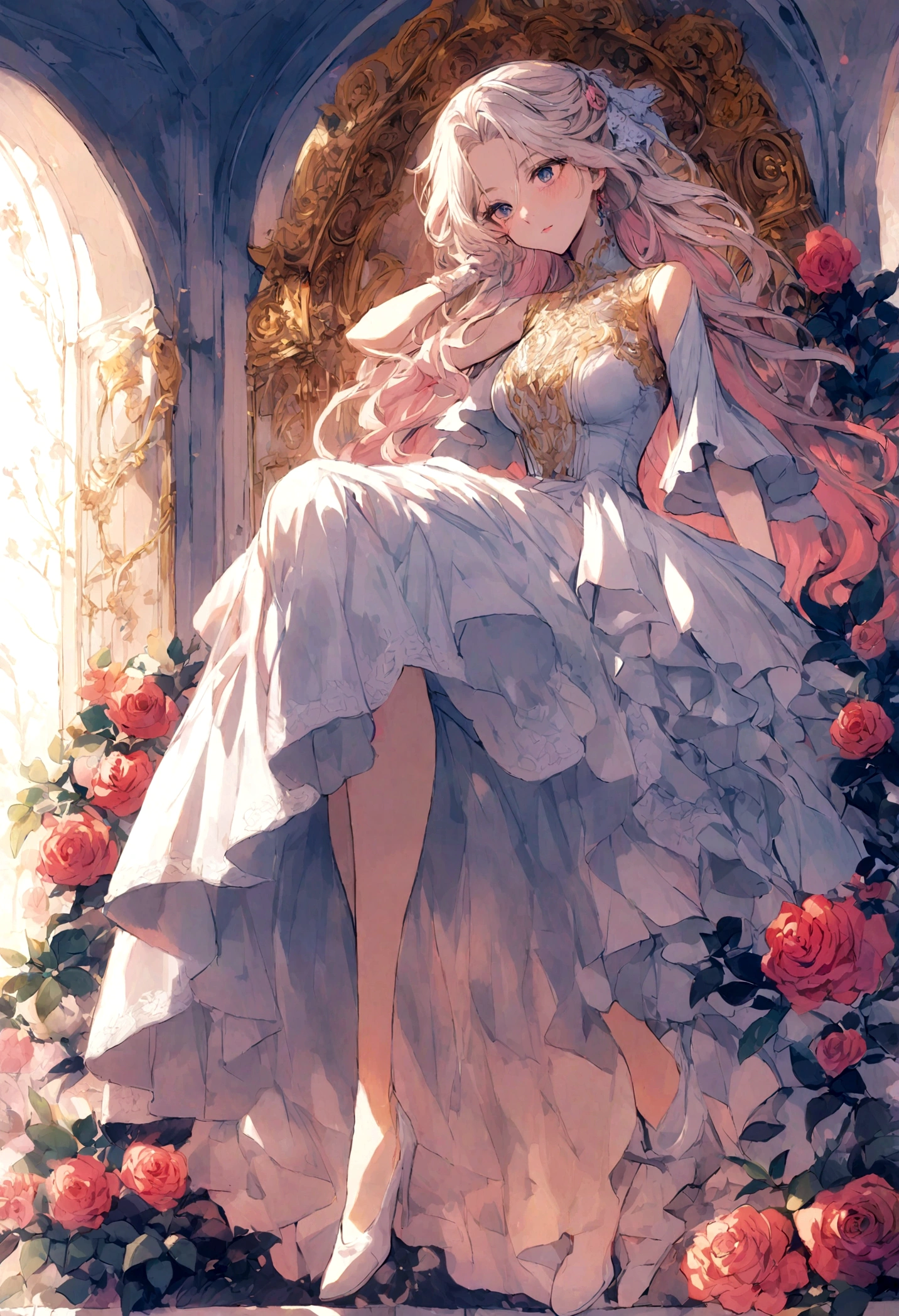 Vestido branco de salto alto, cabelo comprido rose