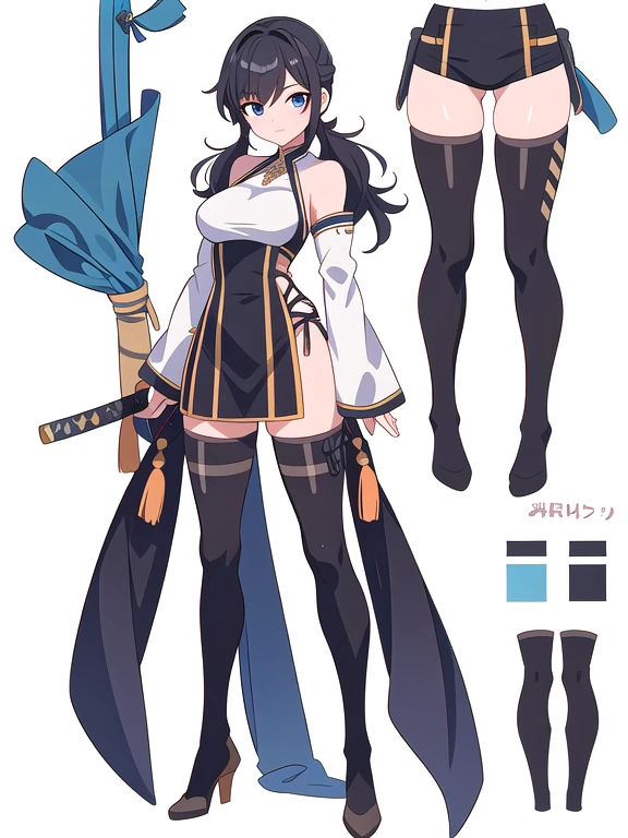 (((Best Quality))) , ((full body)), female, reference sheet, solo, (white background), bare shoulders, sleeve, thigh high, katana,
