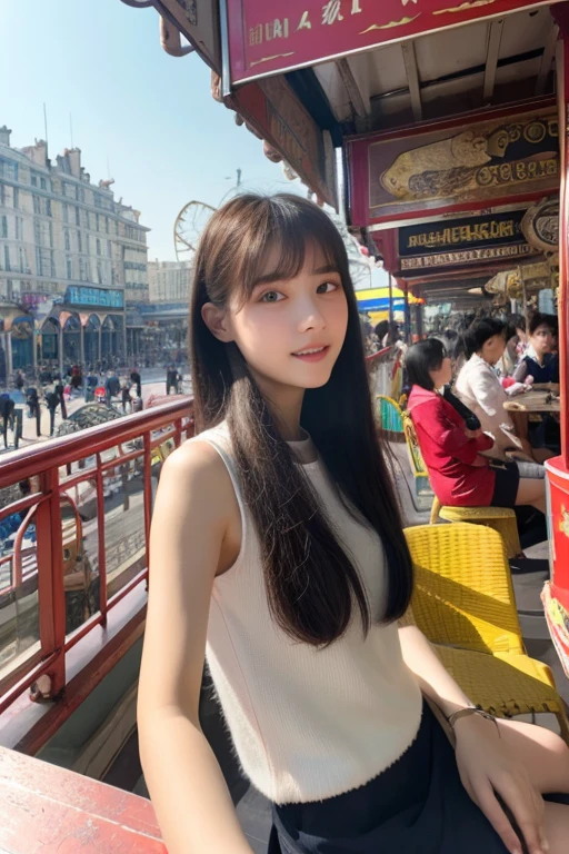 highest quality、masterpiece、High sensitivity、High resolution、 body shape、Inside the Ferris wheel、Sit face to face