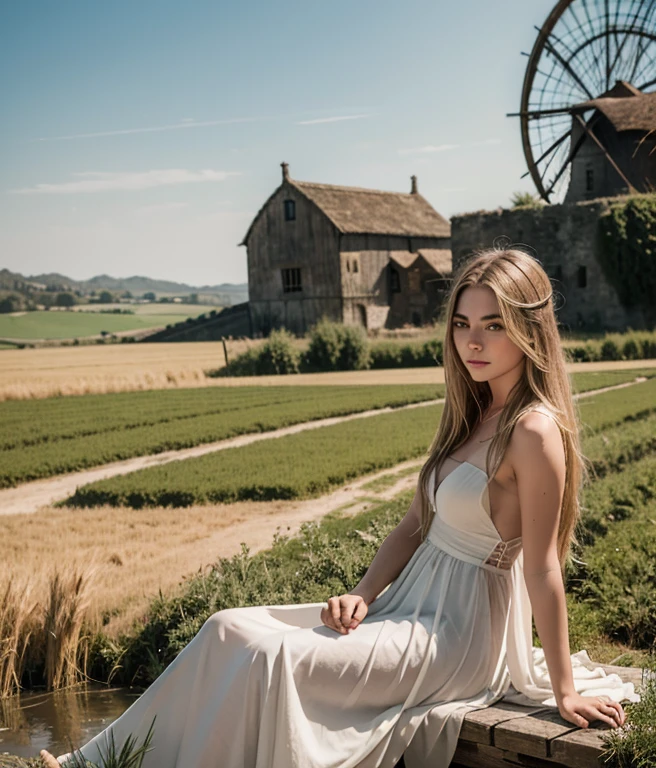 Cara de lavigne,Medieval period,Wheat fields, simple attraction, sitting on a water wheel, cena de filme apaixonada e sensual descobrindo sua inocencia ,is purity ,sensual