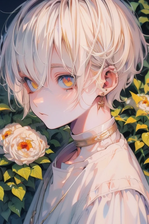 masterpiece, (((HDR))), ((best quality)), (ultra high quality), (hi-res), ((1 anime boy)), (((gold eyes and white skin))), beautiful eyes, ((adult)), (((white hair))), (very short hair), (no side locks), (no side bangs), no hair part, white long sleeve shirt, casual clothes, facing camera, in a garden, half body