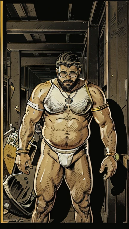 (dark fantasy rpg artwork) a epic oil painting artwork of a full body a white light wearing very detailed white clothes (1 chubby man with falando ao Celular , gesturing with hands, conversando com o expectador, ((he is a construction worker he is working in construction)). fotografia de Corpo completo imagem de corpo inteiro , ele trabalha de encanador, ele trabalha de pedreiro, ele trabalha de eletricista, he works as a metalworker. He has a cap, he has a hat, He wears prescription glasses, he wears sunglasses, ele tem barba curta, ele tem barba enorme, he is stroking his crotch looking at the viewer. Ele tem anos, idoso, cabelo grisalho, barba grisalho. He wears a digital watch on his wrist, He wears several Nordic bracelets on his wrist., he wears a gold chain around his neck. Ele usa pulseiras de prata no pulso. Corpo de homem urso papai americano, he is taking off his shorts he is taking off his underwear with his hands for the viewer to see. View from below near the groin Just plump, chubby, extremely thick thighs, large belly , he is a beach lifeguard he works on a jetski rescuing drowning people from the sea ) inside of a church surrounded by human beings
