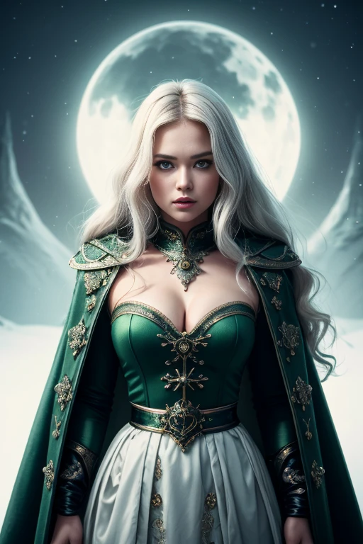 Vintage style fantasy, masterpiece, Great art, Best quality, 1 Girl, Girl close-up, Scandinavian princess, Scandinavian Mountains, Winter weather, Symmetrical and hyper-detailed face, silky skin, Like peach silk., Bright and aggressive green eyes, white and disheveled hair down to the waist, sculpted body, (Sparks: 0.7), Adobe Illustration, Trend on Artstation, 8K, HD, UHD, Cool and soft lighting,  --q 500 --s 100, -
