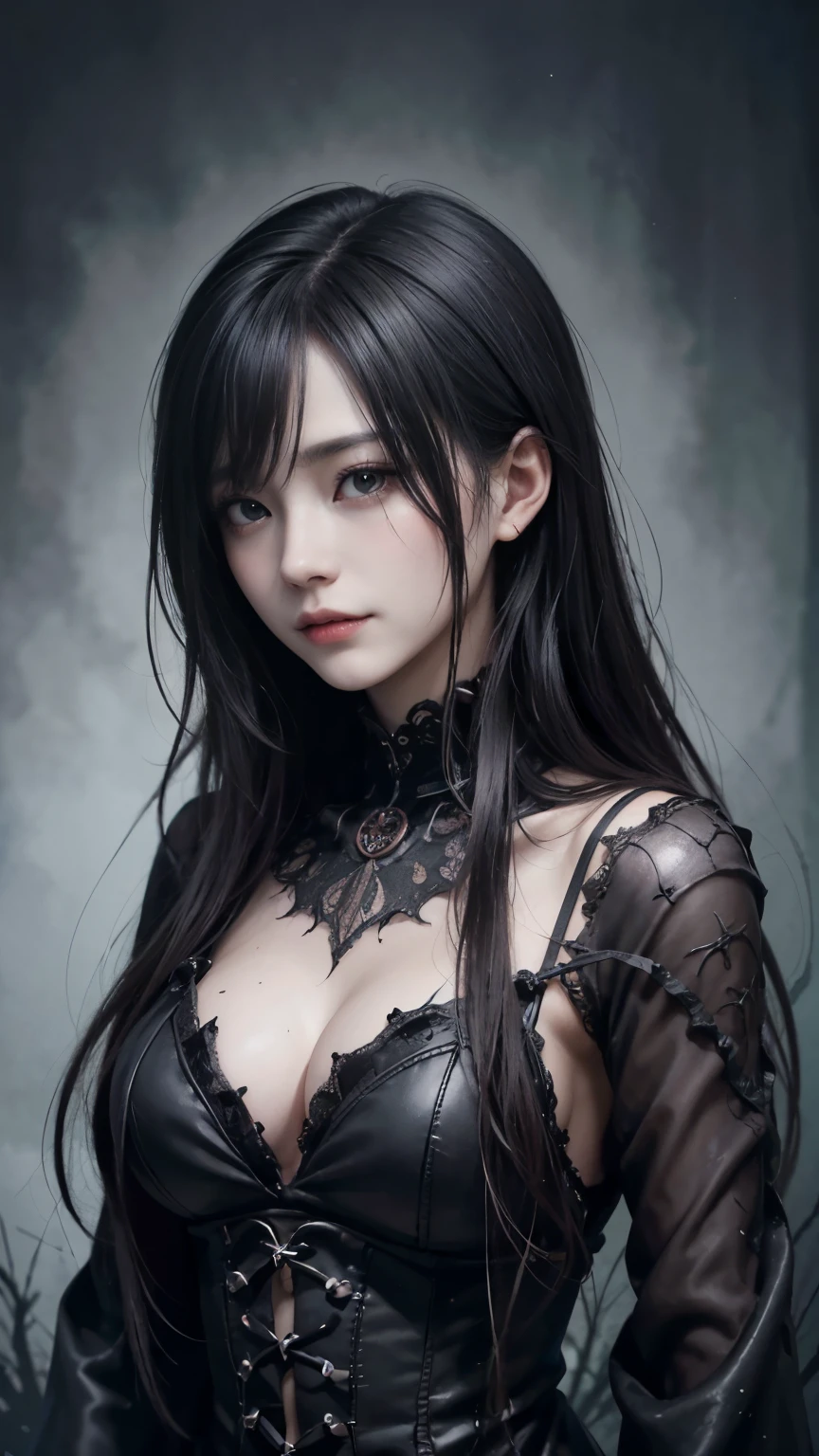 (highest quality,4K,8k,High resolution,masterpiece:1.2),Super detailed,(Realistic,photoRealistic,photo-Realistic:1.37), Close-up of a woman with dark hair and a black dress, Dark Eyes,sinister smile,Evil Aura,Burning Flames,Soul Corruption,Dark Shadows,Ominous atmosphere,Strange symbols,Cursed Land,Eternal Darkness,An unforgettable presence,Intimidating person,Grotesque features,Horror Scene,Nightmare born kimono,Twisted reality,Scary atmosphere,Awesome work of art,Evil Unleashed,Supernatural horror,Creepy art,Nightmare fuel,Terrifyingly clear,Abstract fear,Terrifyingly beautiful,masterpiece,Fear incarnate,Shadow Chaos,existence,Darkness,in style of Dark Fantasy Art, Dark fantasy art, A beautiful and elegant dark queen, Dark Fantasy Art, fantasy dark art, Dark fantasy digital art, Gothic fantasy art, Gothic Dark Maiden, Detailed Texture,Spooky creatures,An ominous atmosphere,Mythical,cosmic Horror,darkness,Mysterious,Dark aesthetic,Fog Background,Eyes of another world,Ancient Gods, Powerful wizard, Stand in the mysterious forest. Flowing robes decorated with symbols, Arms stretched out, Powerful,Tentacles,Pitch black blackness,Majestic,Unfathomable depth,Nightmare,The existence of the universe,an ominous existence,seeping darknesss,Secrets of the Universe,It (Spooky atmosphere), (Cartoon-like atmosphere),(Grainy), (Dramatic Shadows), (Dynamic pose), ((Artistically expressed)), ((Fascinating), (Gothic), (Mysterious Setting), (Moody color palette), (Skillfully drawn), (Feelings of anxiety), (Intricate details), (an ominous smile), (an ominous), (Fascinating eyes), (Horror elements), (Fascinating composition), (Impressive anatomy),(Striking contrast)), (Exquisite craftsmanship), (Interesting character designs)、Dark Fantasy Portrait, Portrait of the Dark Goddess,