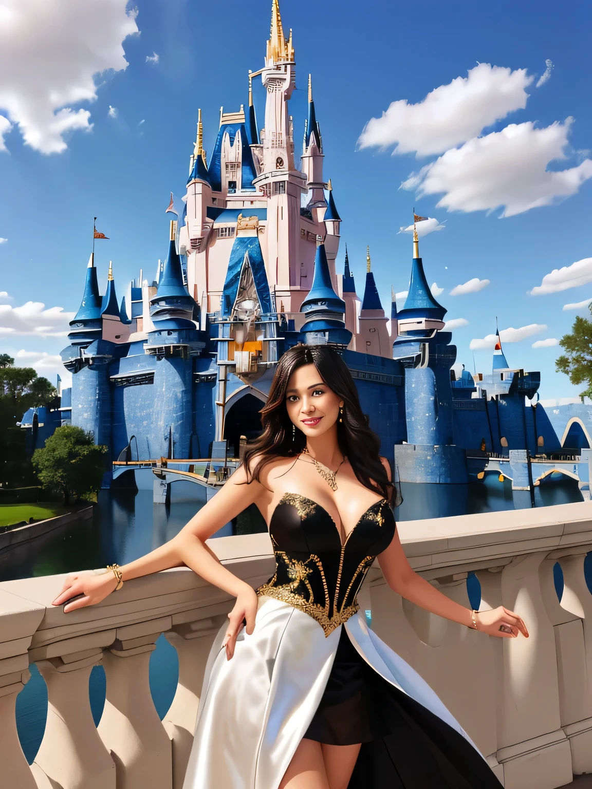 Woman in front of a castle in Disney World's Magic Kingdom, with a blue sky in the background, castle in the background, with a castle in the background, castle in the background, magical kingdom, (castle in the background), the background is the Disneyland castle , Disney world, standing near a castle, Walt Disney World.

A beautiful woman, with white skin and dark brown hair. She is about 45 years old, 165 cm tall and weighs 56 kg. She had modeled legs, perfect legs, toned legs, perfect mouth, medium breasts, perfect face. Her body exudes glamor and her face is a definition of beauty. Slender body, thin waist. Highly realistic, hyperrealism, very elaborate skin. Clear photo, high resolution, high quality, masterpiece, 16K photo, high contrast, masterpiece