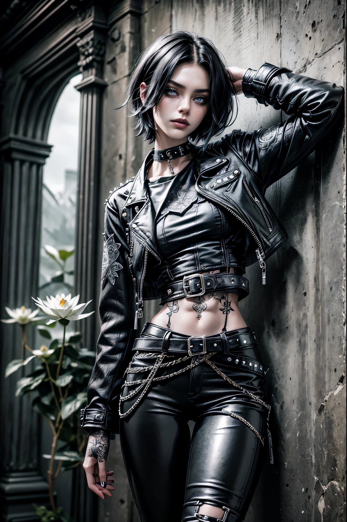 (Detailed illustrations, Very detailed and detailed drawing, Delicate lines with slow and rapid, Realistic texture expression), One woman with very short black hair , ( emo hairstyle, ), goth, pale white skin, evil smirk, (girls bedroom background), dark lighting, cold atmosphere, lore_Emma , blue eyes , dark eyeliner, (ultra dark glossy black lipstick), bored expression, gorgeous face , super cute, 18 years old , hyper detailed face, (super skinny figure , small breast, thin waist), back leaning against wall, one raised arm behind head, slim legs, slim hips, LowriseXL, (ultra low rise wet look shiny leather pants with transparent flower pattern), (mesh shirt with flower pattern), black choker, vulva tattoo, (white lotus flower in hair), ((flower pattern tattoo)), fingerless leather gloves, (black nail polish), faded tattoo's, ((thigh belt)), ((hip chains)), ((belt hanging on hip)), ((many studded belts)), ((black leather jacket with white fur trim))