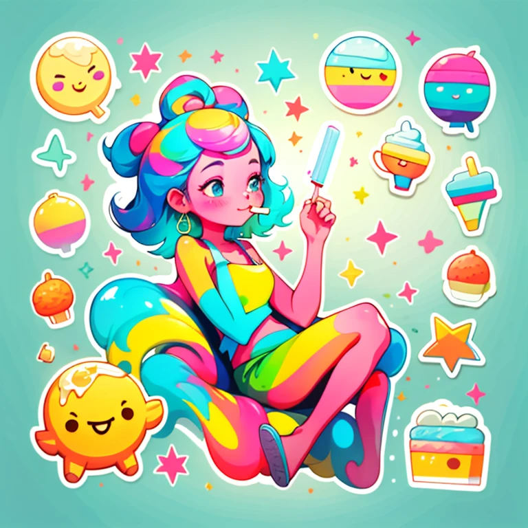 A girl happily enjoying a bitten popsicle, the symbol of a refreshing summer brand, melting in her hand. The colorful stick and drips running down her chin add to the playful allure of the sweet treat. No words exchanged, just the satisfaction of savoring the moment. (Minimalist, Bold colors, Sunny atmosphere, Creativity, Tasteful).