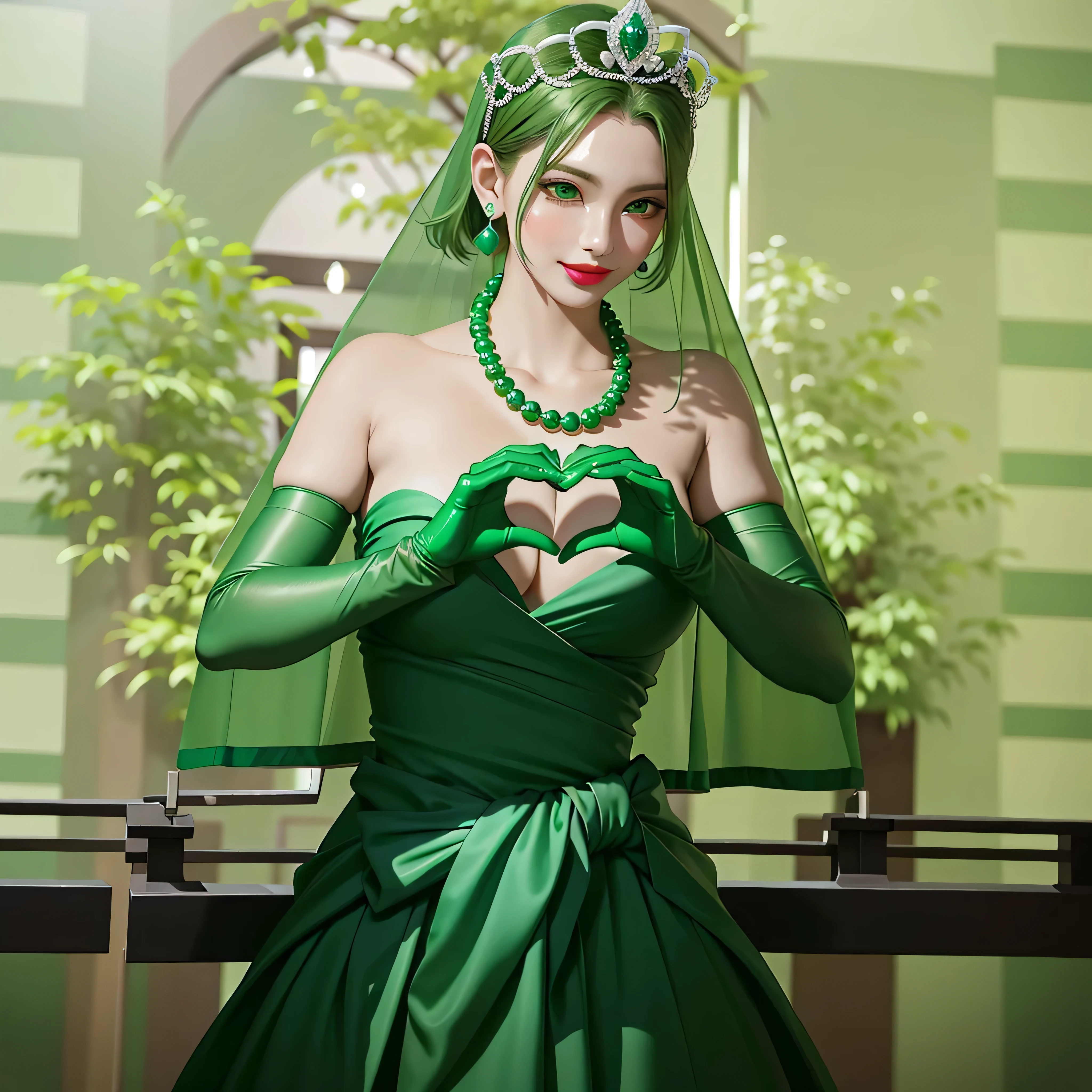 Emerald tiara, Green Pearl Necklace, Boyish very short green hair, Green Lips, Smiling Japanese woman, Very short hair, Busty beautiful lady, Green Eyes, Green satin long gloves, Green Eyes, Emerald Earrings, Green veil, Heart with both hands, Green Hair, Beautiful Japanese Women, Heart shaped hands:1.3, green lip gloss