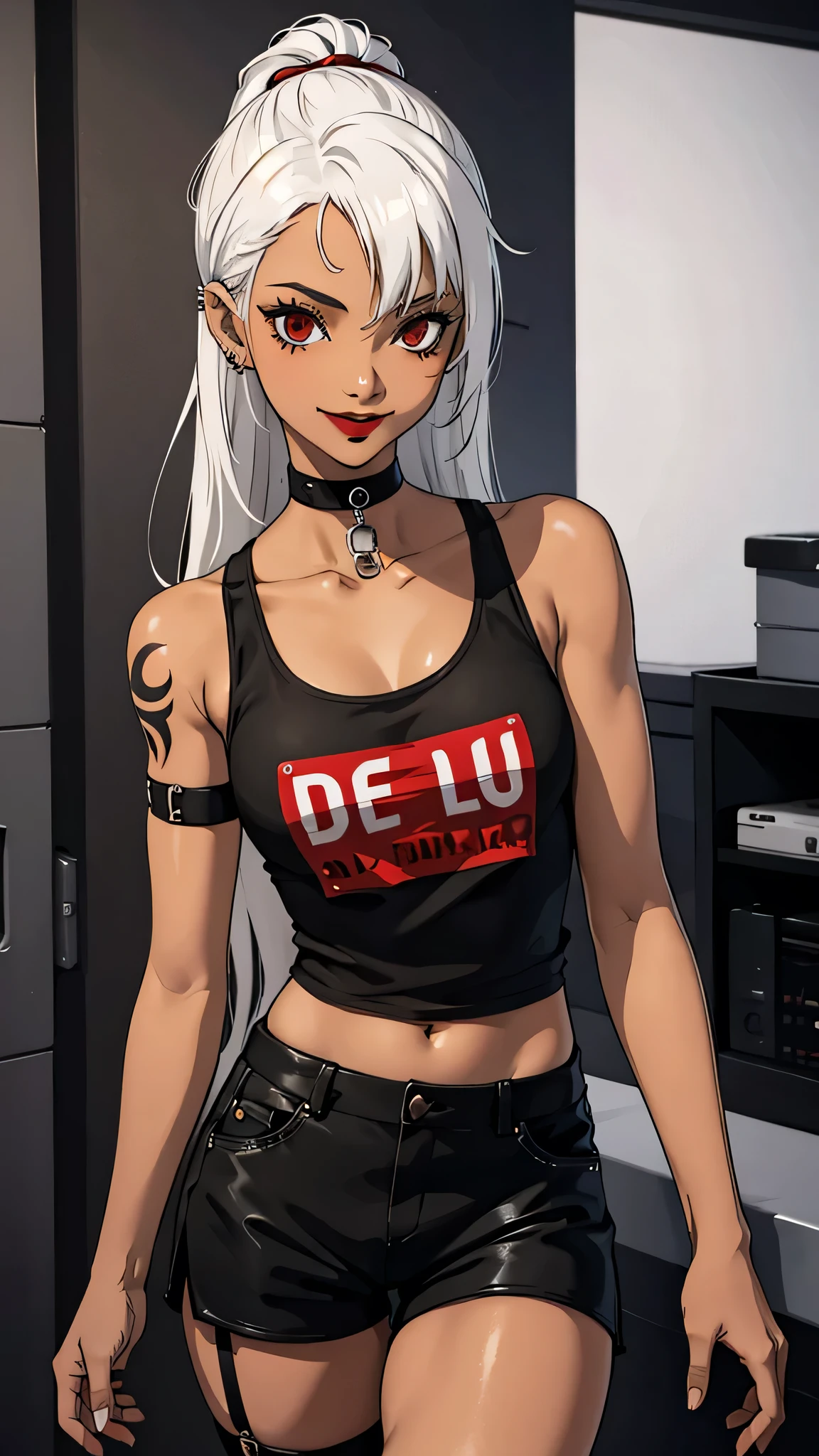 1 girl, red eyes, long hair, forehead, black choker, black lipstick, cowboy shot, smile, black lipstick, era piercings, white hair, white hair, white hair, tank top, micro shorts, dark skin tan, body tattoos, straight hair