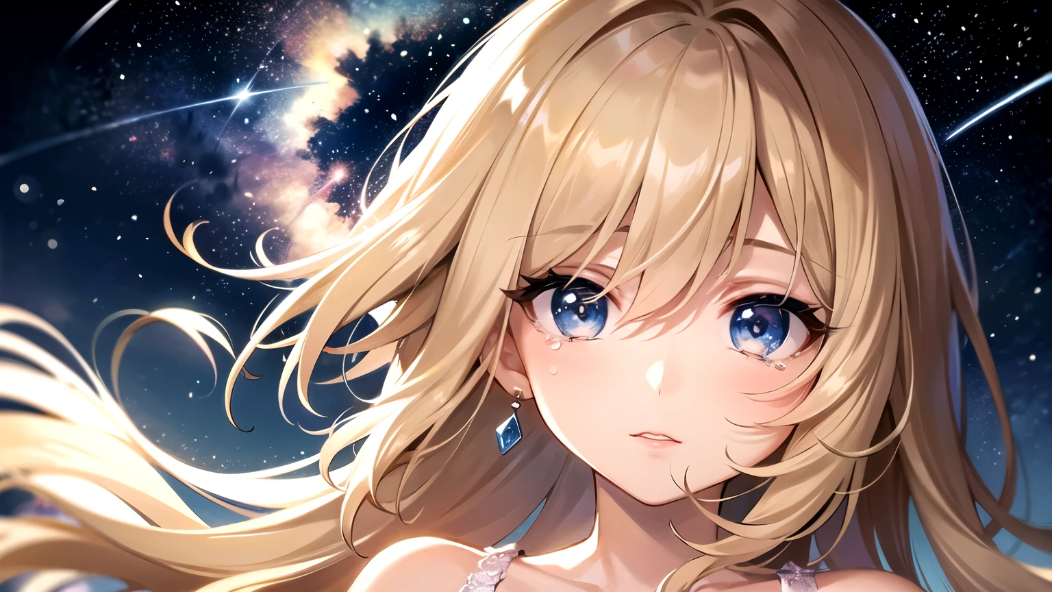 ((highest quality)), ((masterpiece)), (detailed), Perfect Face、profile、girl、one person、Light Brown Hair、Long Hair、White dress、Looking up at the night sky、shooting star、Cami dress、tears、Bangs、Blue Eyes、Light in the eyes、a woman、Close your mouth