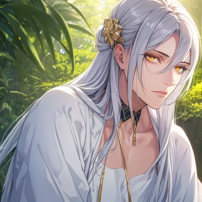 ‪ (masterpiece, 8k, Absurd, Digital Art, Digital Illustration, Realistic, Very detailed, Realistic lighting), (Perfect Face, Perfect Eyes, Perfect body), male,1 person,妖fox, fox,male的な, Adult,good looking, Sharp features,good looking, alone, male1名, Long silver hair,Sharp eyes, Golden Eyes, White clothes, Fantasy, Calm expression,I&#39;m in the demon world