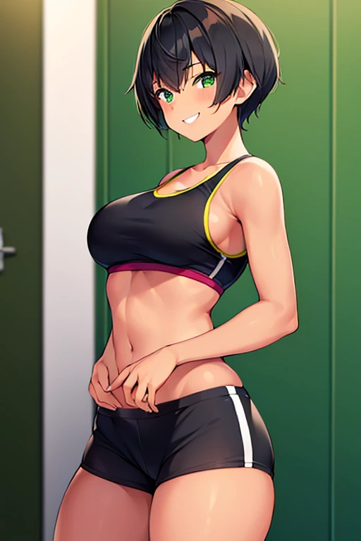 1girl, tan skin, tan-skinned female, sports bra, sportswear, large , thick thighs, black sportswear, bare legs, smile, black hair, very short hair, green eyes, pixie cut, short pants, bandage
