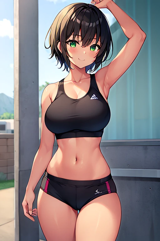 1girl, tan skin, tan-skinned female, sports bra, sportswear, large breasts, thick thighs, black sportswear, bare legs, smile, black hair, very short hair, green eyes, pixie cut, short pants, bandage