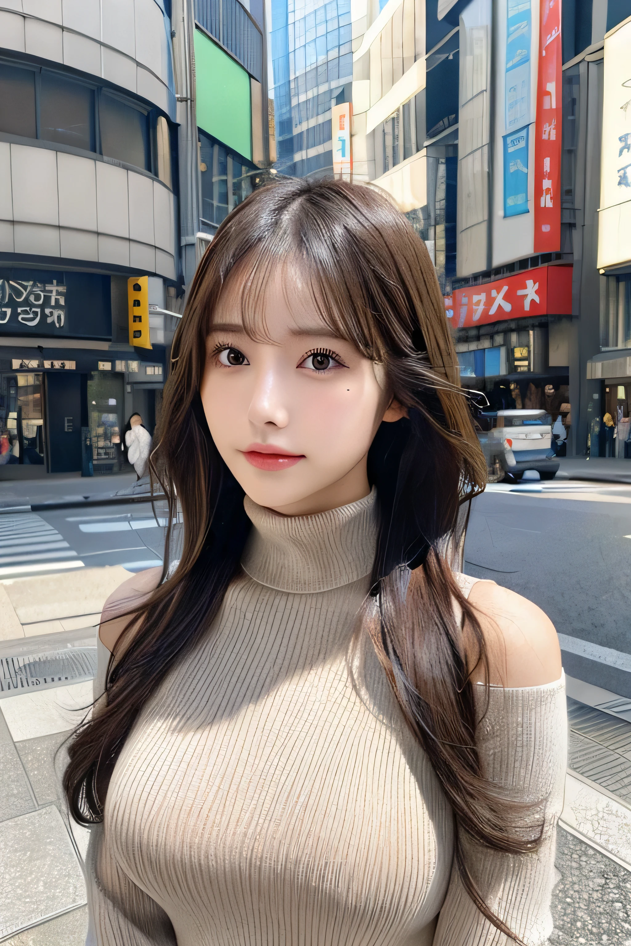 (Colossal tits、Turtleneck sweater、shoulder bags)、(top-quality,masterpiece:1.3,Ultra-high resolution,),(ultra - detailed,Caustics),(Reality:1.4,RAW shooting,)Hyper-realistic capture,A very detailed one,HD 16K human skin、 Natural skin texture、、Skin looks healthy、even skintone、 Use natural light and color,A woman who is,japanes,,kawaii,A brunette one,mid hair,(depth of fields、color difference、、Wide range of lighting、naturalshadow、)、(Hair swaying in the wind:1.2)、Streets of Tokyo、Large Breasts、