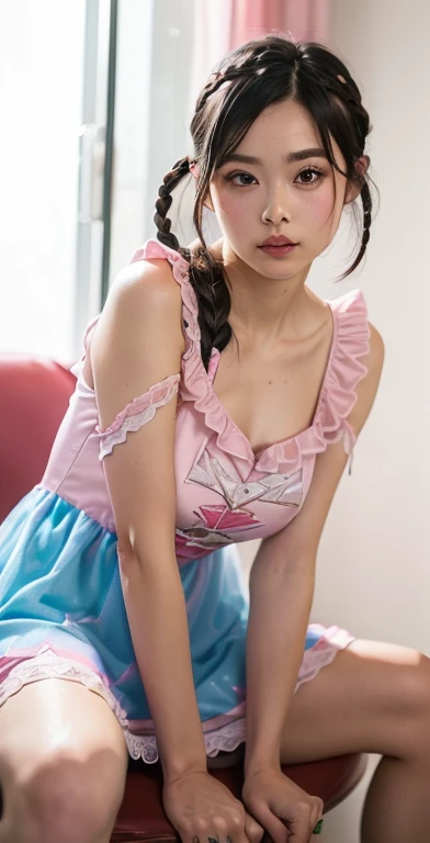 （8K、Raw photoy、best quality、masterpiece：1.2),(Dark-haired、very short hair:1.8),(double braid:1.4)、show viewer,Looking ahead,,白いskin,(She was wearing a very short pink ranger dress. 。.:1.8)、()、(Clothes that emphasize the shape of the breasts、Publish a&#39;skin:1.8)、(Large Breasts :1.4)、slim body、Ultra-high resolution,beautiful,beautiful fece,(Solitary、No background:1.9),whole bodyボディー,Japanese woman,（photo真實感：1.37）、Photon Mapping,Reality、(Baby face and cute: 1.1)、(Lovely smile: 1.7)、(Round Face: 1.7)、Wireless City、Physically Based Rendering、Depth of field rally background、photo, ((Large Breasts)))Breast sagging、Low-cut(((Cleavage )))、(((Wide hips,)))(((Hourglass figure)))((Long legs))(I can see your knees、spread your legs、Close-up of thigh:1.6),whole body、Ultra-fine