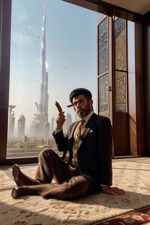 monkey in a beret flying on a carpet above the buildings of dubai and holding a cigar