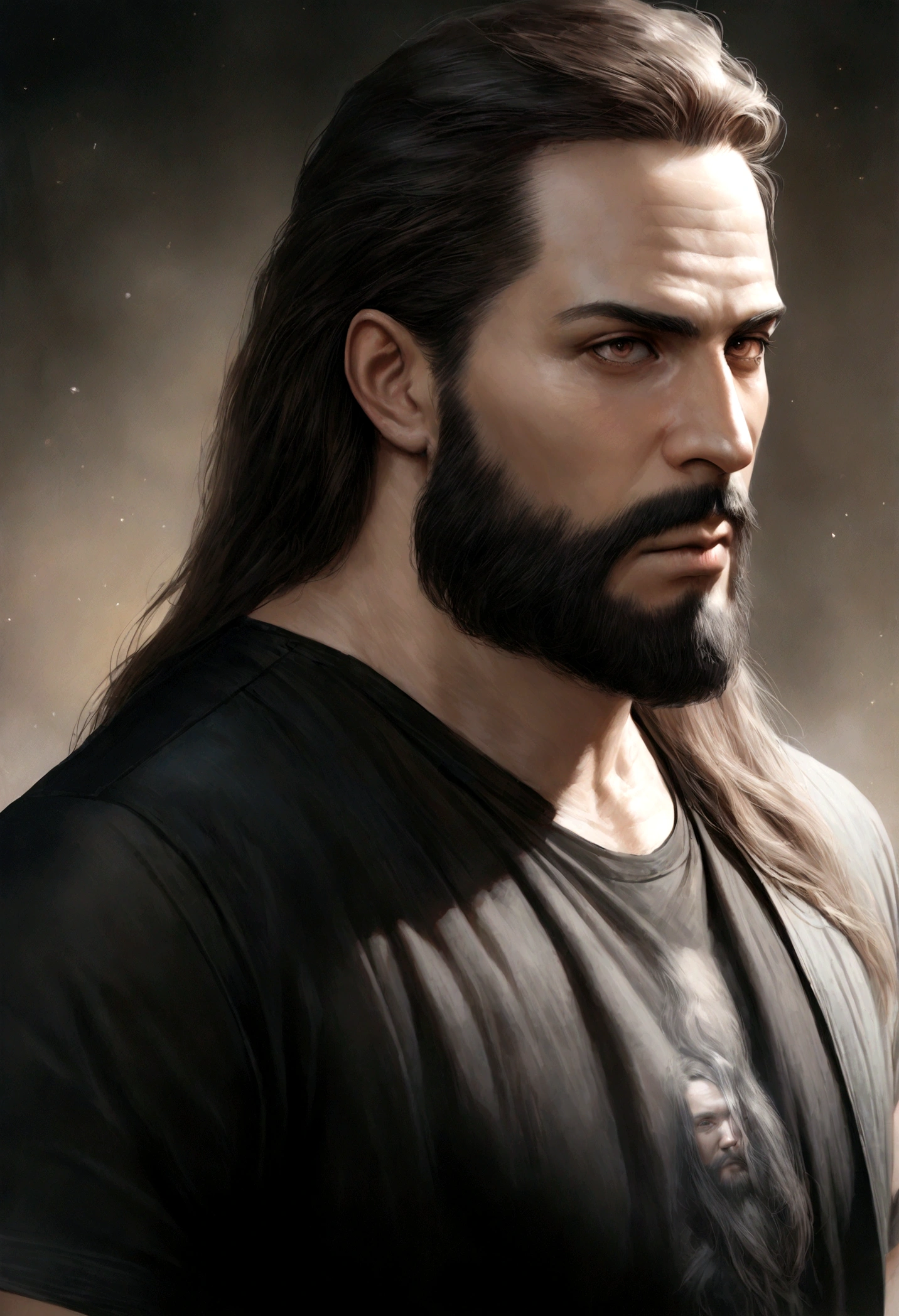 ( man in stylish black clothes), (with a long, full beard,) (brown eyes) (portrait) Handsome and serious appearance, dark hair, Stylish and elegant, and strong body t-shirt, (Realistic and high quality), ((Best quality, 8k, master piece).