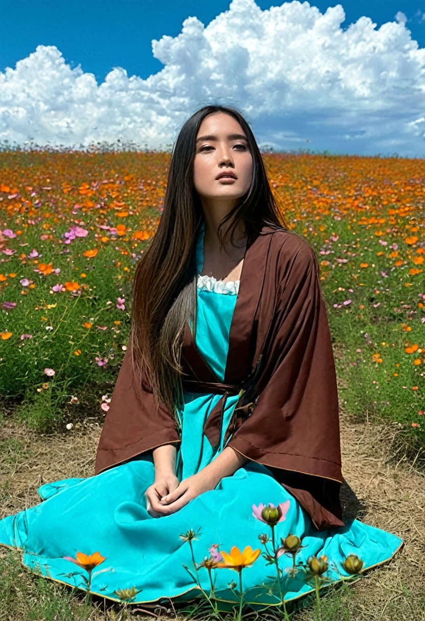 (best quality, masterpiece), Turquoise Screen Filter, (1girl, solo, brown robe, expression face, looking up, sitting, wide sleeves, black eyes, closed mouth, long hair, cowboy shot), (clear sky, cosmos flower filed, cloud),